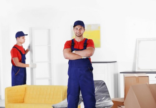 Commercial moving team preparing office relocation in House